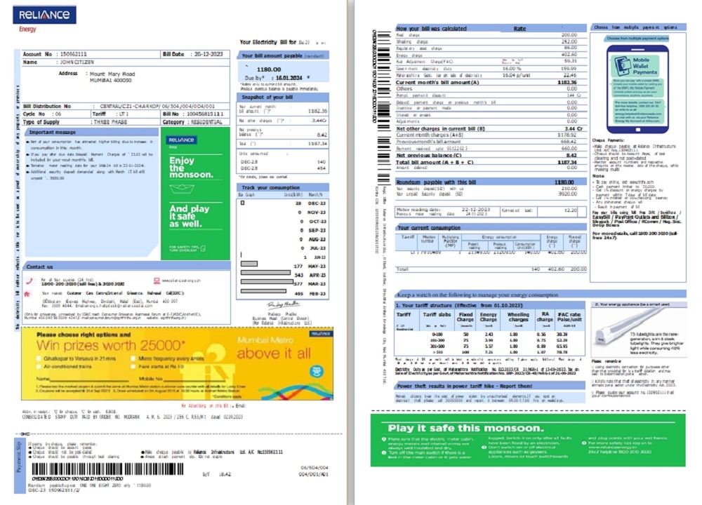 India Reliance Energy utility bill